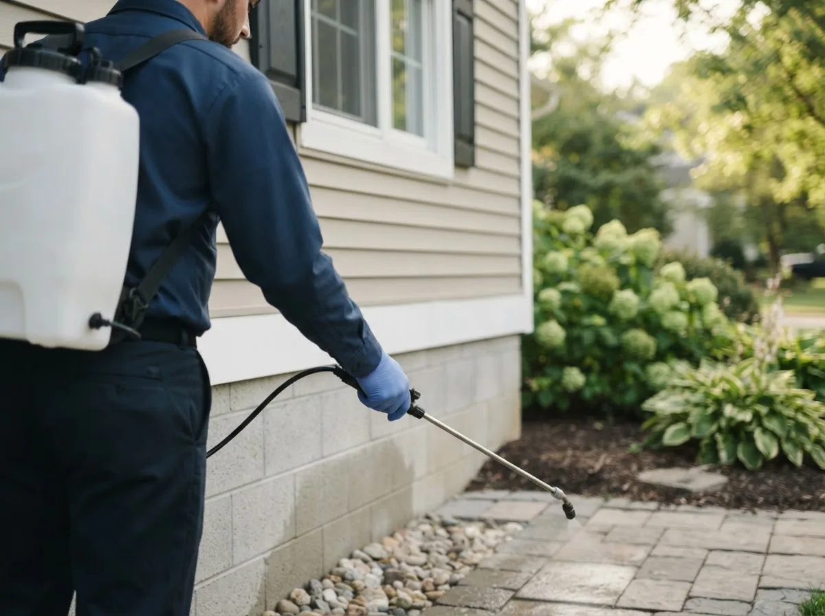 Pest control technician inspecting a home in Meadow Creek, WV